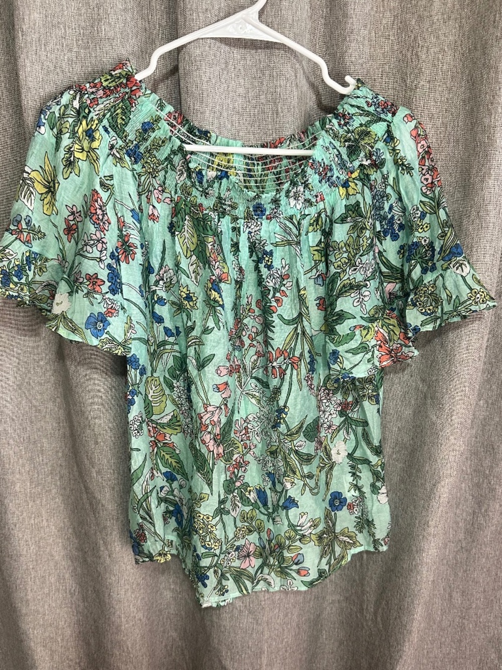 Umgee Mint Green Floral Smocked Off-The-Shoulder Boho Blouse Size Small